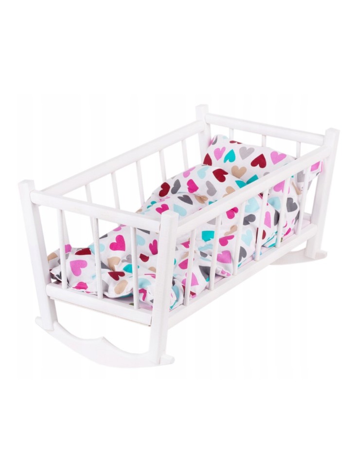 RETRO KOŁYSKA DREWNIANA BIAŁA DLA LALEK PEEWIT + POŚCIEL SERCA