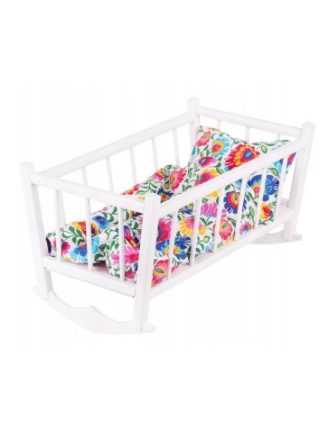 RETRO KOŁYSKA DREWNIANA BIAŁA DLA LALEK PEEWIT + POŚCIEL KWIATY