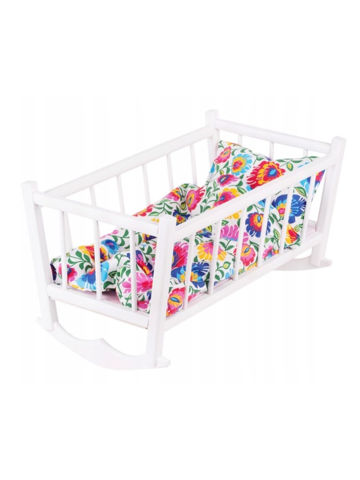 RETRO KOŁYSKA DREWNIANA BIAŁA DLA LALEK PEEWIT + POŚCIEL KWIATY